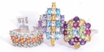 Mixed Lot: mutli-coloured gem set cluster ring, a Songea Sunset and green sapphire cluster ring,