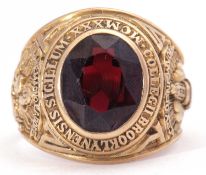 Graduation ring, the College of Brooklyn, the red glass oval in rub-over setting, the shoulders with