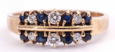 9ct gold sapphire and diamond ring, a design with two rows of small graduated round brilliant cut