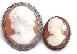 Mixed Lot: two cameo brooches depicting classical ladies in profile, both in white metal frames (2)