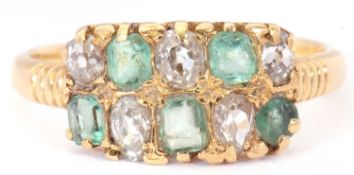 18ct gold diamond and pale green cluster ring, the rectangular panel alternate set in a chequerboard