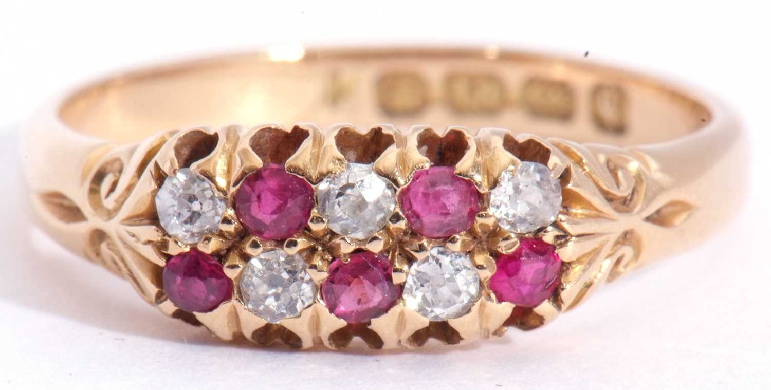 Victorian 18ct gold ruby and diamond ring, a chequerboard design with five small round rubies,