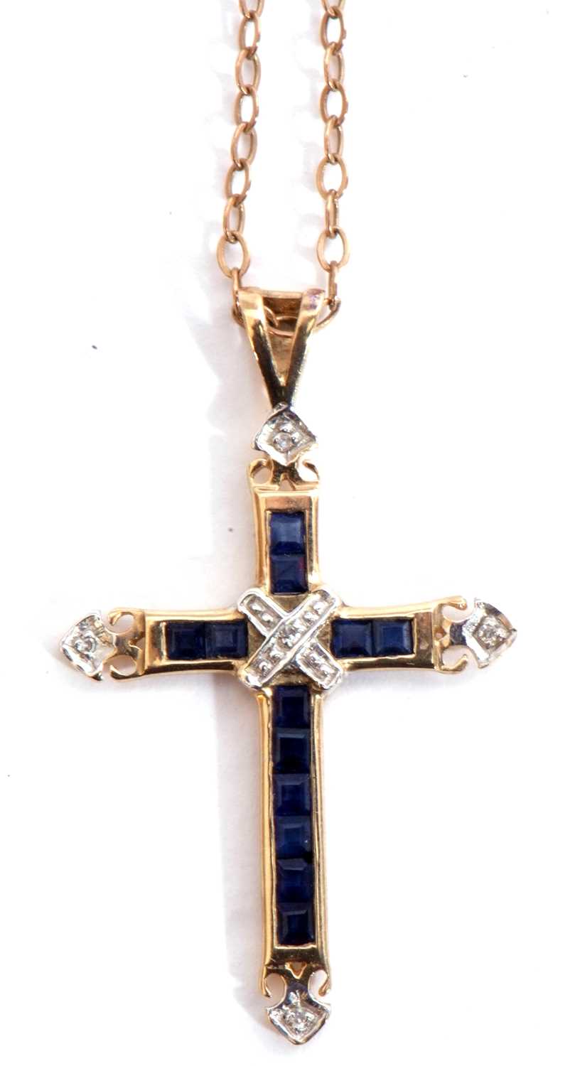 9ct gold sapphire and diamond cross pendant, 3.5 x 2cm, the cross set with calibre cut pave - Image 2 of 4