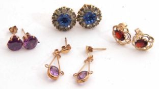 Mixed Lot: four pairs of yellow metal and stone set earrings