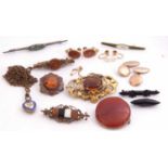 Mixed Lot: pair of sandstone earrings, pair of pearl earrings stamped 375, 7 various antique