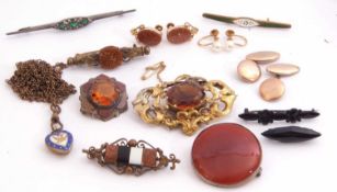 Mixed Lot: pair of sandstone earrings, pair of pearl earrings stamped 375, 7 various antique