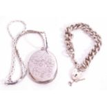 Mixed Lot: heavy white metal curb link bracelet together with a large silver oval locket, the