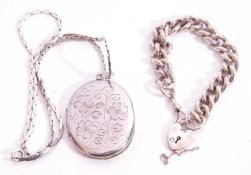 Mixed Lot: heavy white metal curb link bracelet together with a large silver oval locket, the