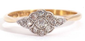 Antique diamond cluster ring, the oval shaped plaque set with nine graduated old cut diamonds, the