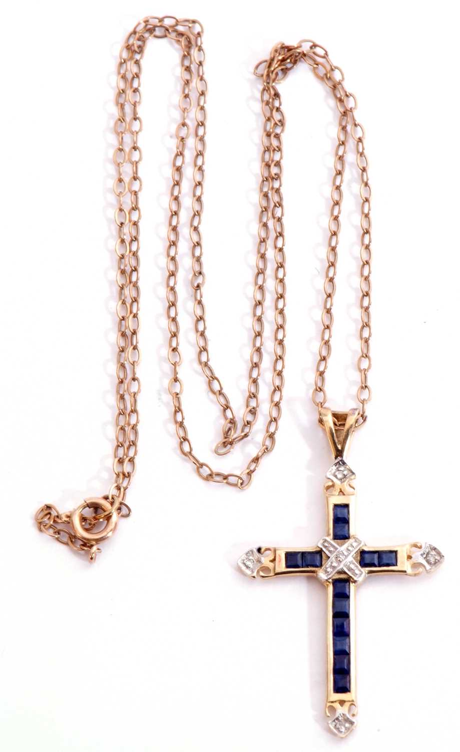 9ct gold sapphire and diamond cross pendant, 3.5 x 2cm, the cross set with calibre cut pave