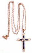 9ct gold sapphire and diamond cross pendant, 3.5 x 2cm, the cross set with calibre cut pave