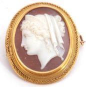 Antique carved cameo brooch depicting a profile of a classical lady, framed in a high grade yellow