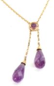 Amethyst drop necklace, a design with a small amethyst surmount suspending two faceted pear shaped