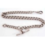 Silver watch chain of graduated curb link design, T-bar and clip fittings, 37cm long, 88.2gms