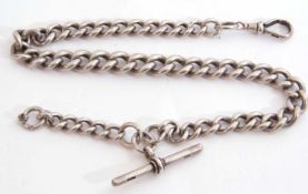 Silver watch chain of graduated curb link design, T-bar and clip fittings, 37cm long, 88.2gms