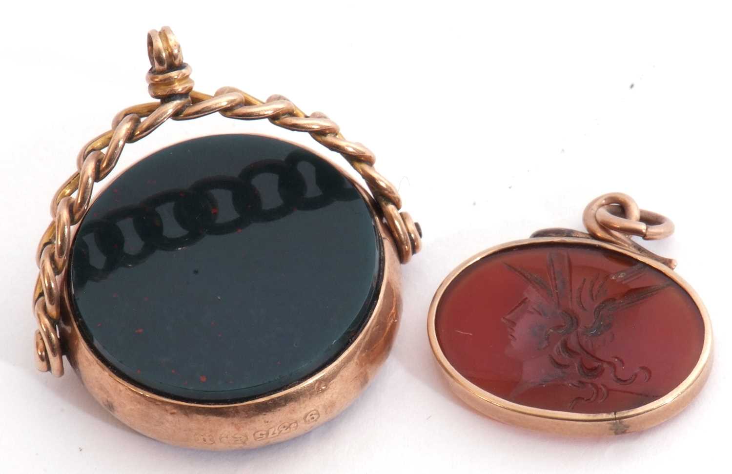 Mixed Lot: Victorian swivel fob set with bloodstone and carnelian either side, the frame marked