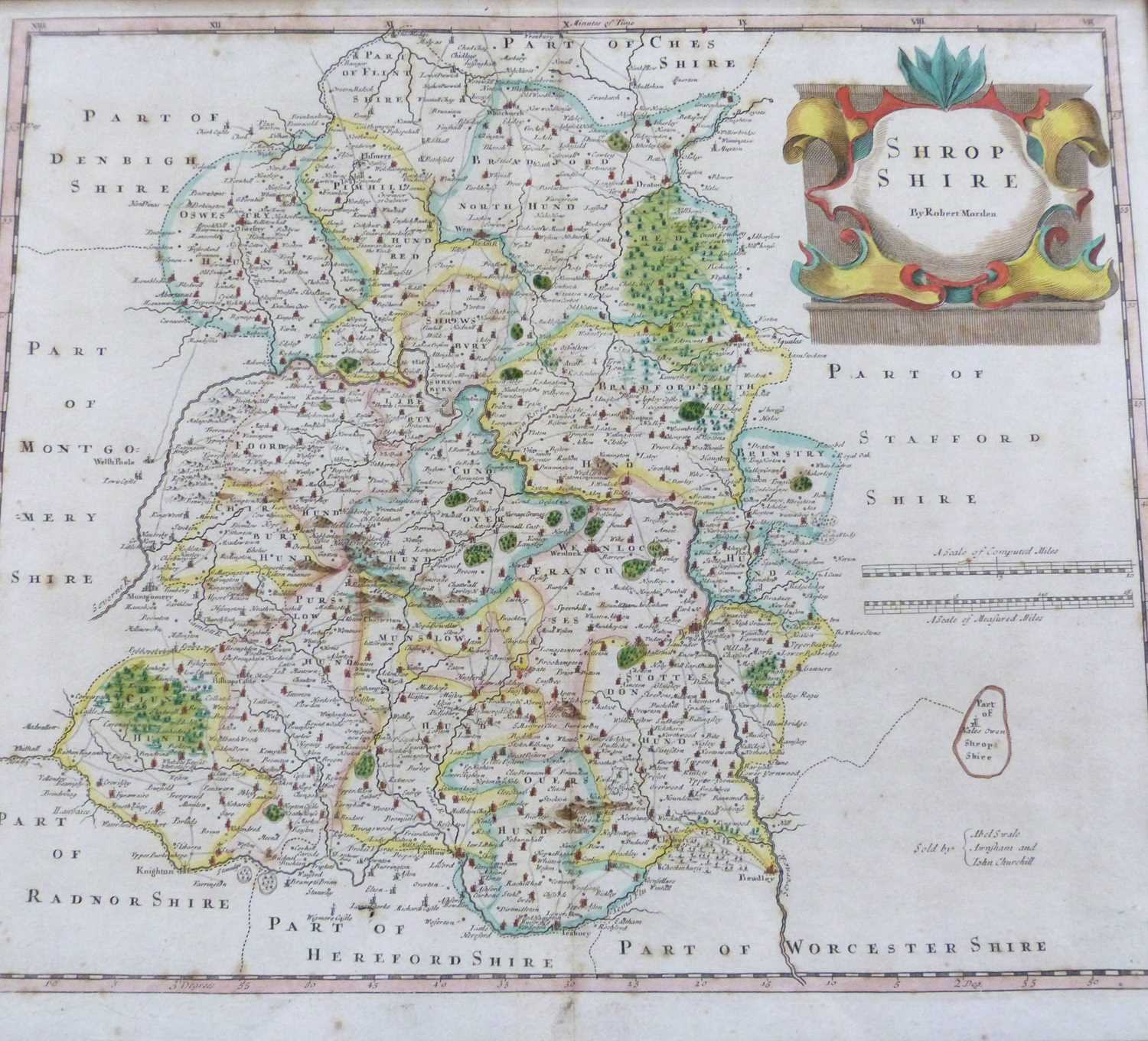 ROBERT MORDEN: SHROPSHIRE, engraved hand coloured map [1695], approx 360 x 420mm, framed and glazed - Image 2 of 2