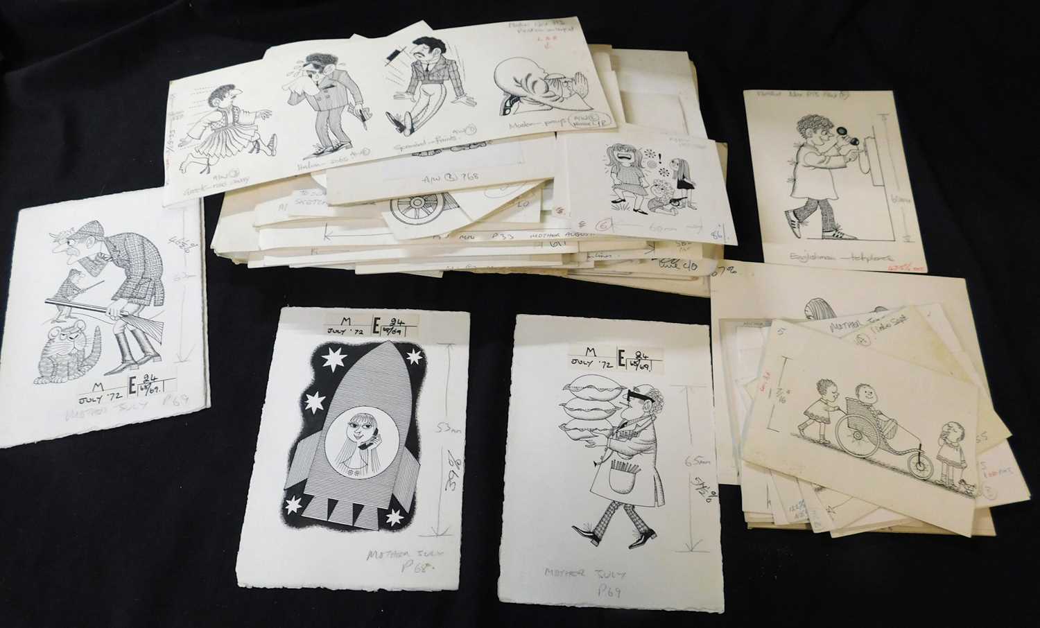 Bruce Angrave (1912-1983), packet circa 80 items original art work, mainly cat based cartoons for