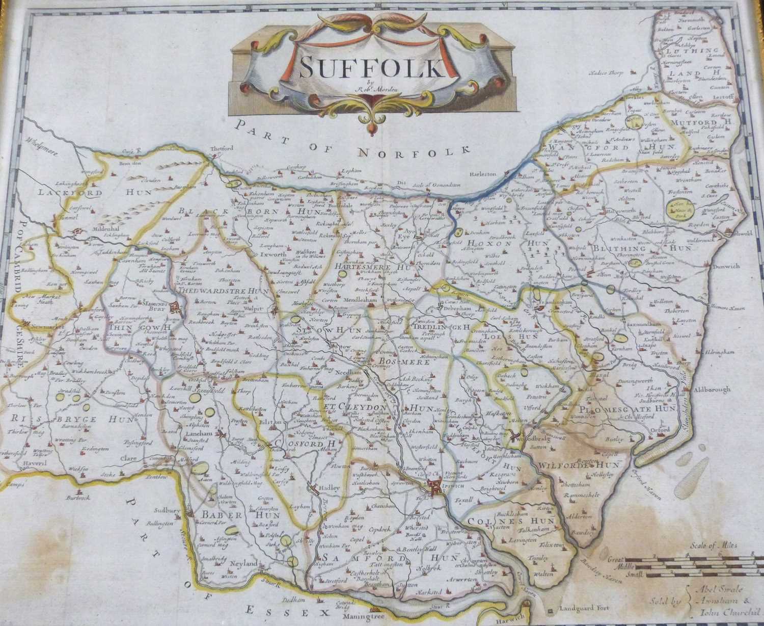 ROBERT MORDEN: SUFFOLK, engraved hand coloured map [1695], approx 360 x 420mm, framed and glazed