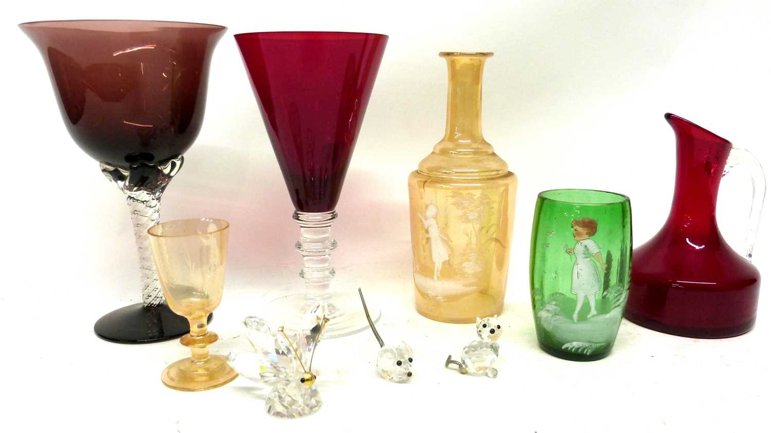 Quantity of glass wares including two ruby glass tumblers, a glass scent bottle with silver