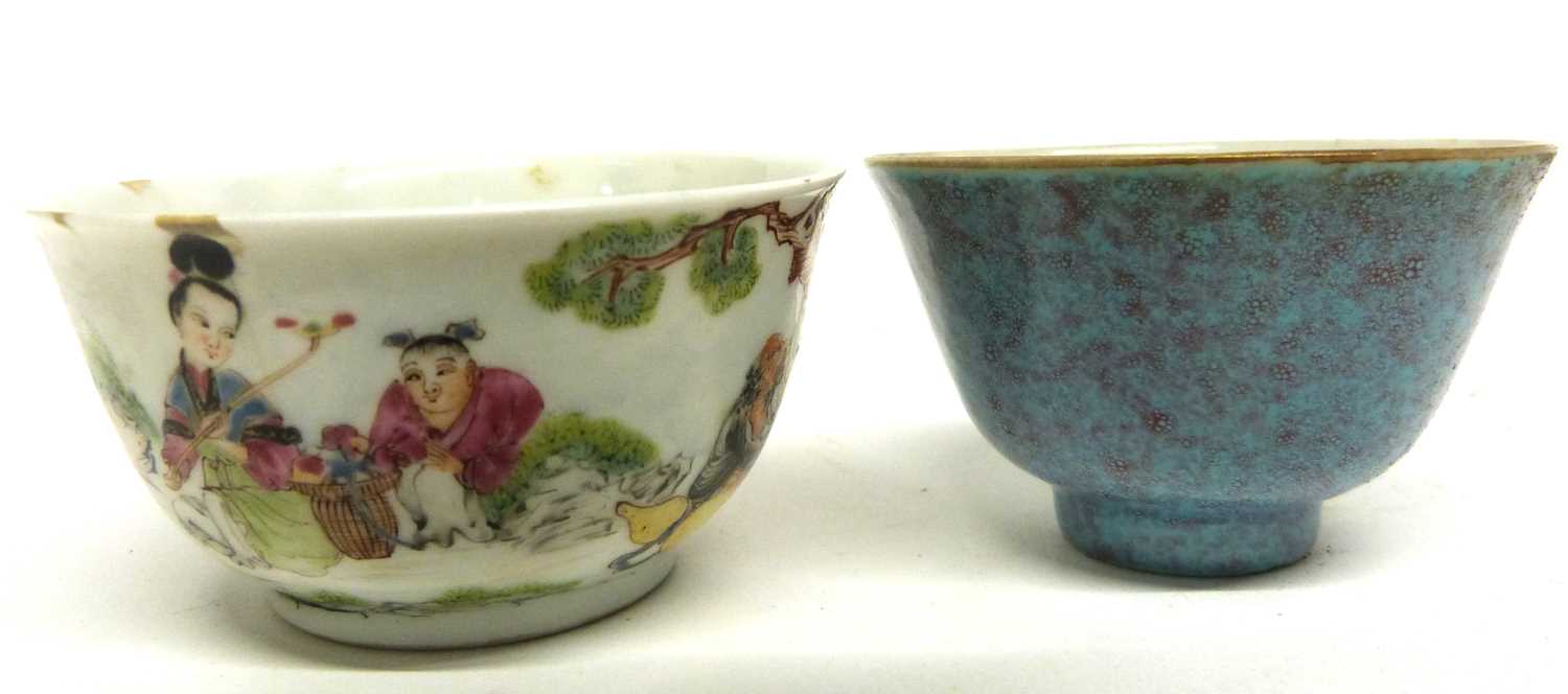 Chinese porcelain tea bowl with a Song type lavender and flambe glaze, probably 18th century,