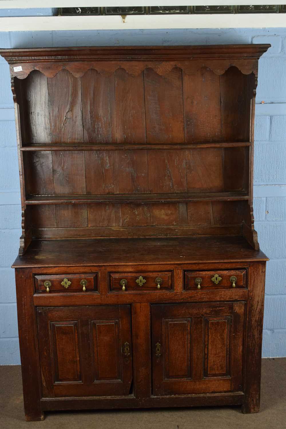 18th century oak dresser, the top section with moulded cornice and two shelves over a base with - Image 2 of 6