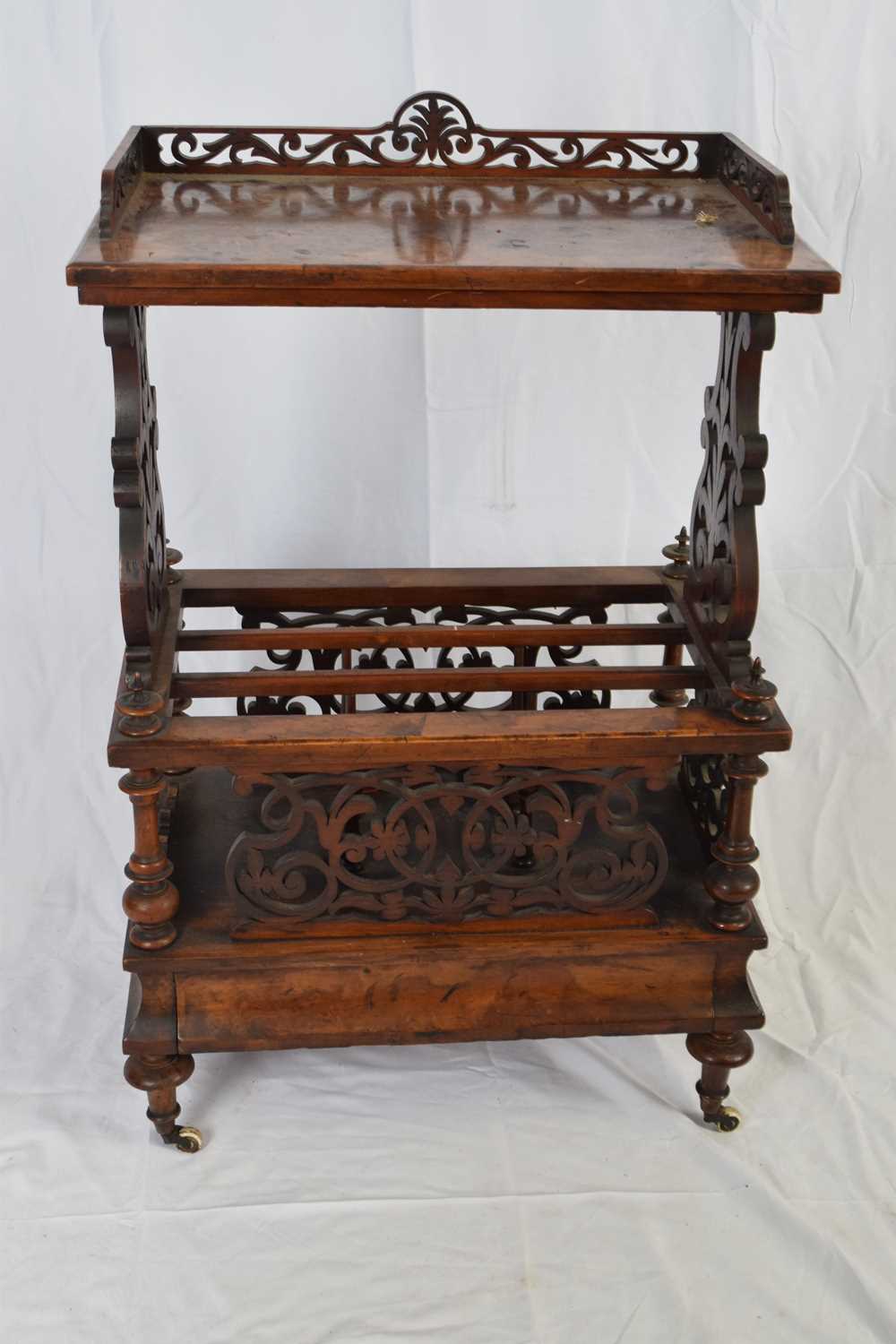 Victorian walnut veneered combination Canterbury type magazine rack with galleried over shelf, - Image 2 of 3