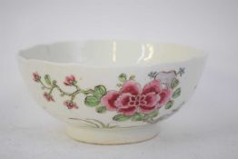 Early Bow bowl of lobed shape with typical polychrome decoration in famille rose style including a