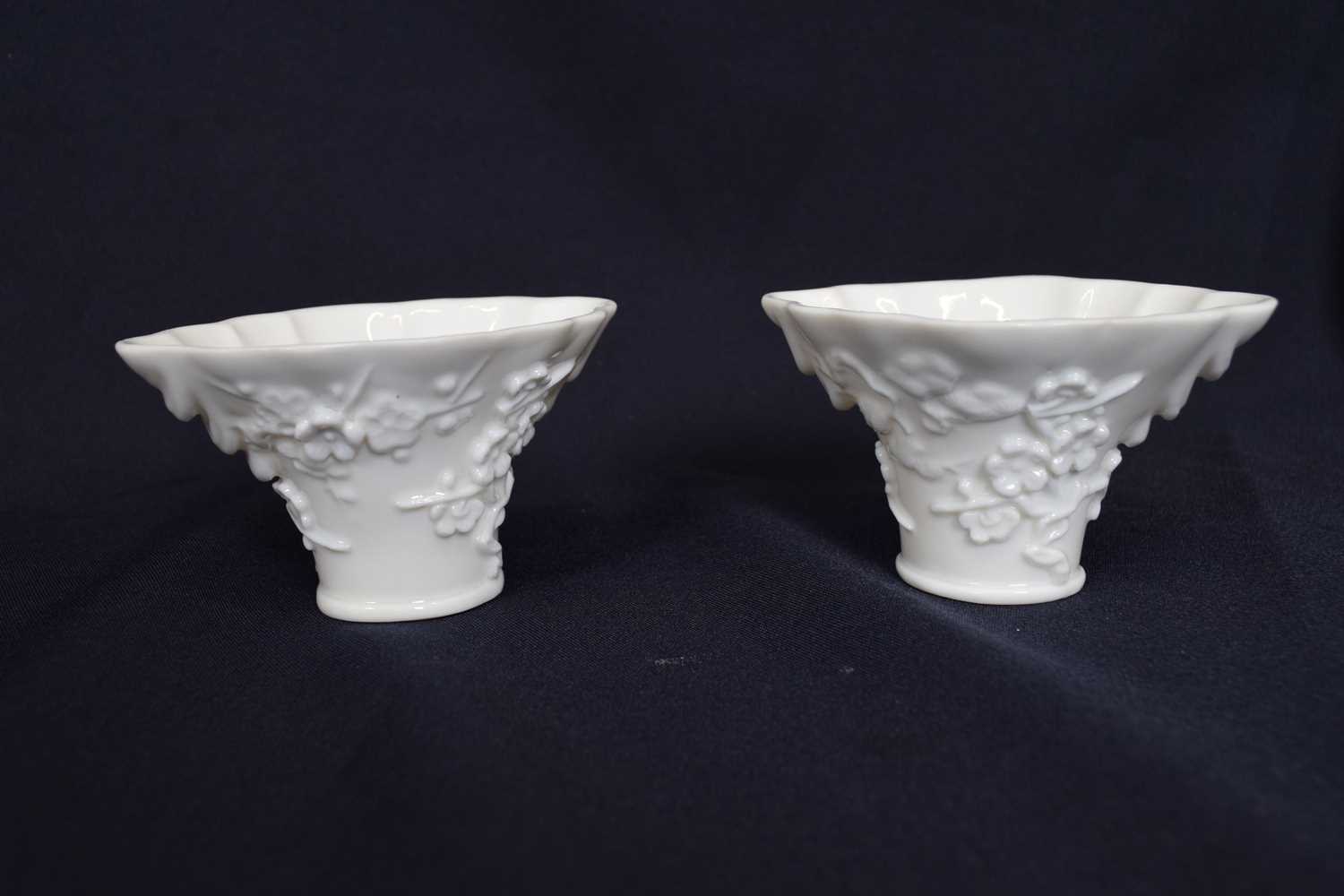 Pair of Chinese porcelain libation cups with moulded prunus design (2) - Image 2 of 3