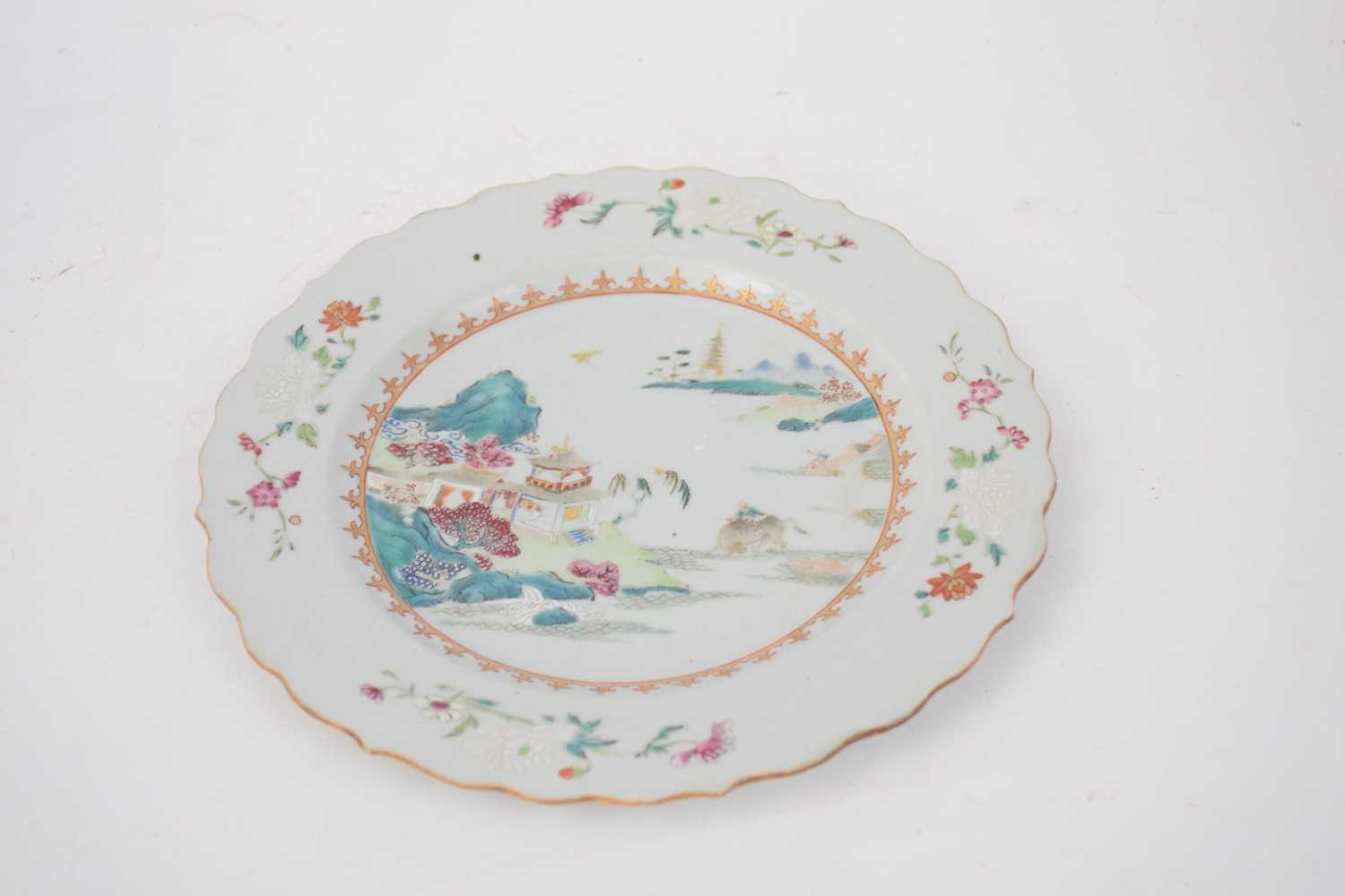 18th century Chinese porcelain plate, early Qianlong period, with shaped rim and polychrome