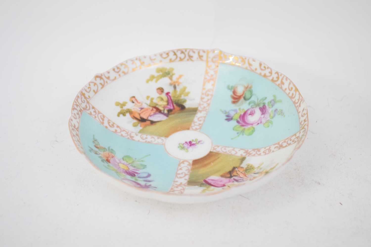 Continental porcelain cup and saucer decorated in Meissen style with panels of figures - Image 2 of 8