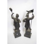Pair of spelter figures of Continental soldiers raised on plinths, 42cm high (2)