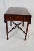Georgian mahogany drop leaf Pembroke table with shaped leaves and single drawer raised on square