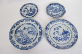 Two octagonal 18th century Qianlong plates, blue and white Nanking design, together with two further