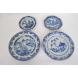 Two octagonal 18th century Qianlong plates, blue and white Nanking design, together with two further