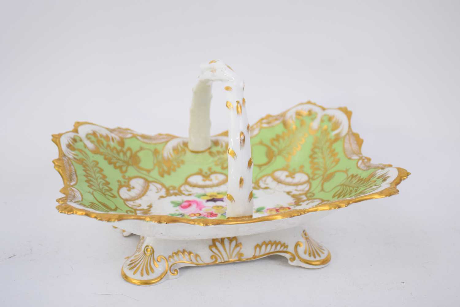 Late 19th century English porcelain basket, the green ground with floral design to the - Image 2 of 5