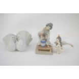 Pair of Lladro doves, also Lladro figure of a Japanese girl arranging flowers