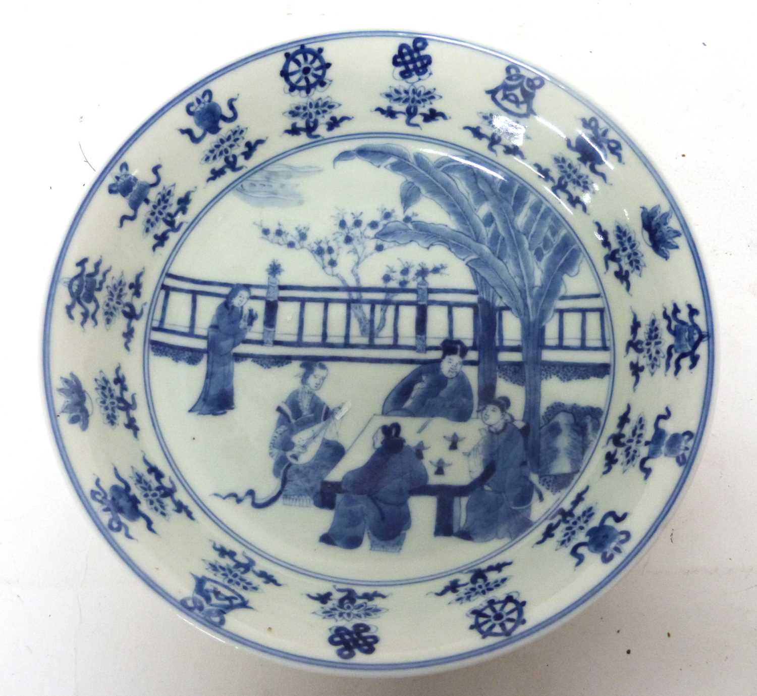 Chinese porcelain small dish, marked Qianlong period, with blue and white design of Chinese