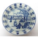 Chinese porcelain small dish, marked Qianlong period, with blue and white design of Chinese