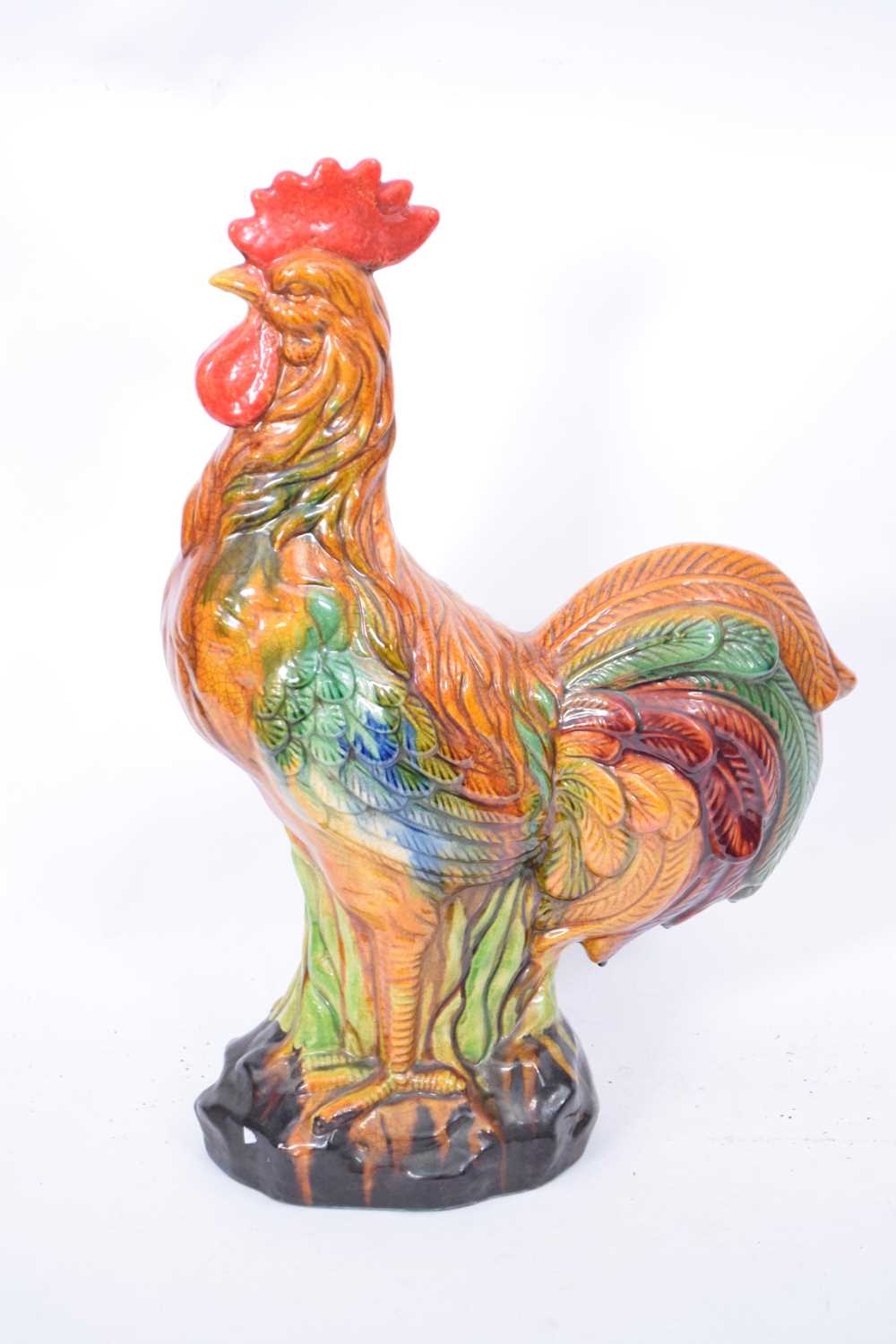 Large ceramic model of a chicken in Majolica glazes