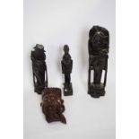 Collection of three Chinese carved wooden figures and further Egyptian figure, tallest 37cm high (