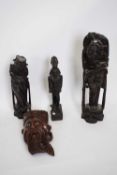 Collection of three Chinese carved wooden figures and further Egyptian figure, tallest 37cm high (