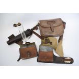 Small leather satchel marked 'RAF' together with further cavalry type equipment including a glass