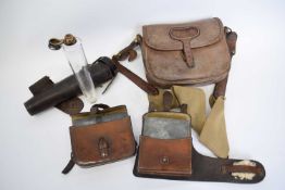 Small leather satchel marked 'RAF' together with further cavalry type equipment including a glass