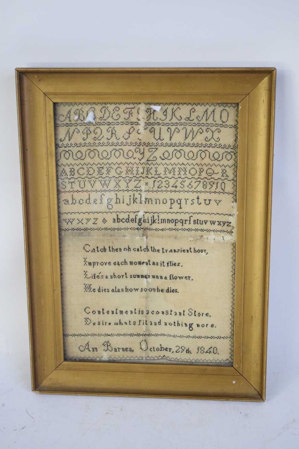 19th century needlework sampler with fine clear stitch of rows of letters, numbers and religious