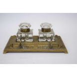 Brass inkwell with two glass liners, 25cm long