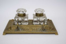 Brass inkwell with two glass liners, 25cm long