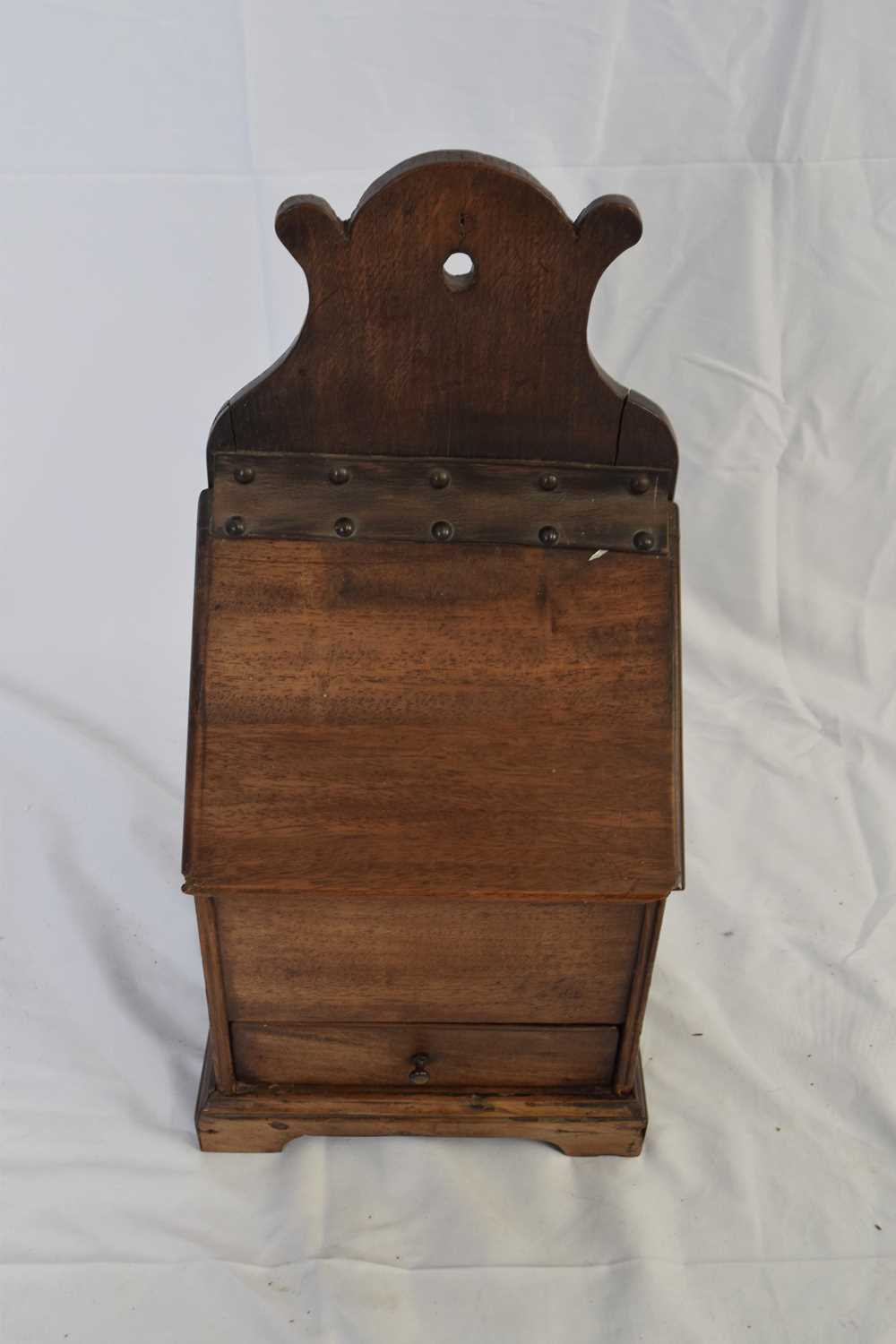 Unusual 19th century mahogany salt or storage box with wall mounting, flip lid with leather hinge