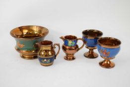 Lustre ware bowl, two small jugs and two goblets (5)