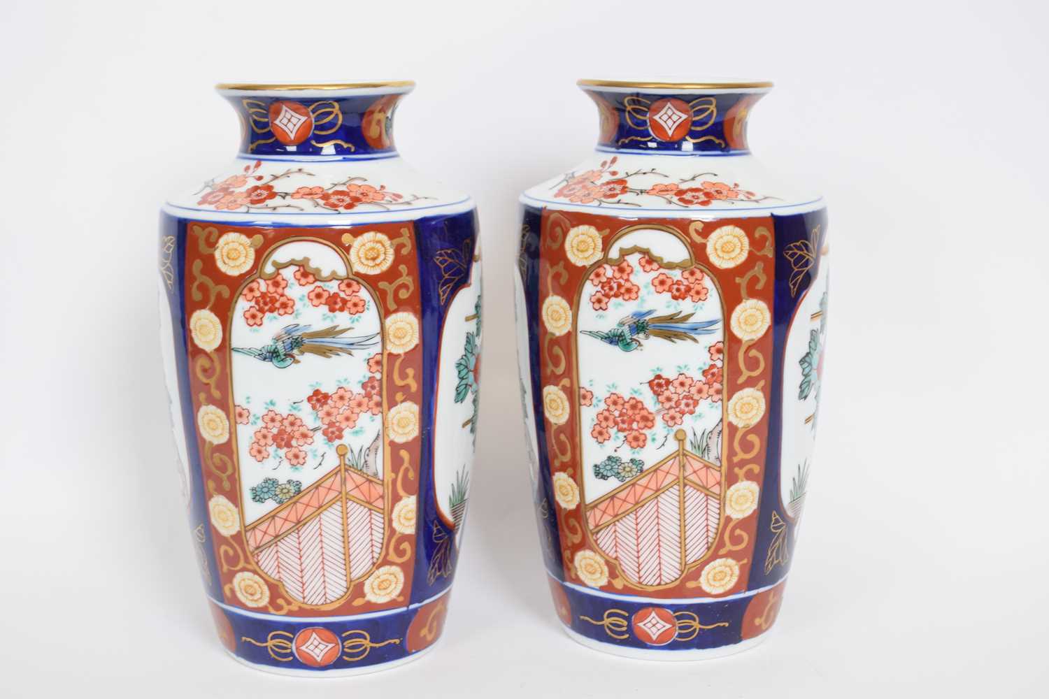 Pair of modern Japanese porcelain Imari type vases, 30cm high (2)